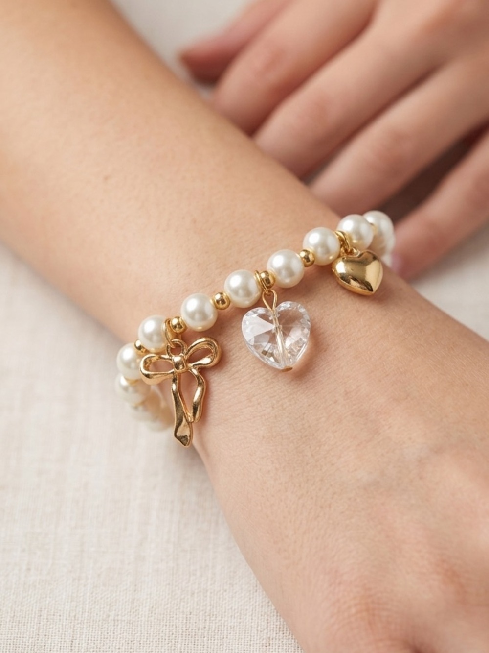 Pearl Charm Bracelet | Gold Bow Crystal Heart Stretch Bracelet